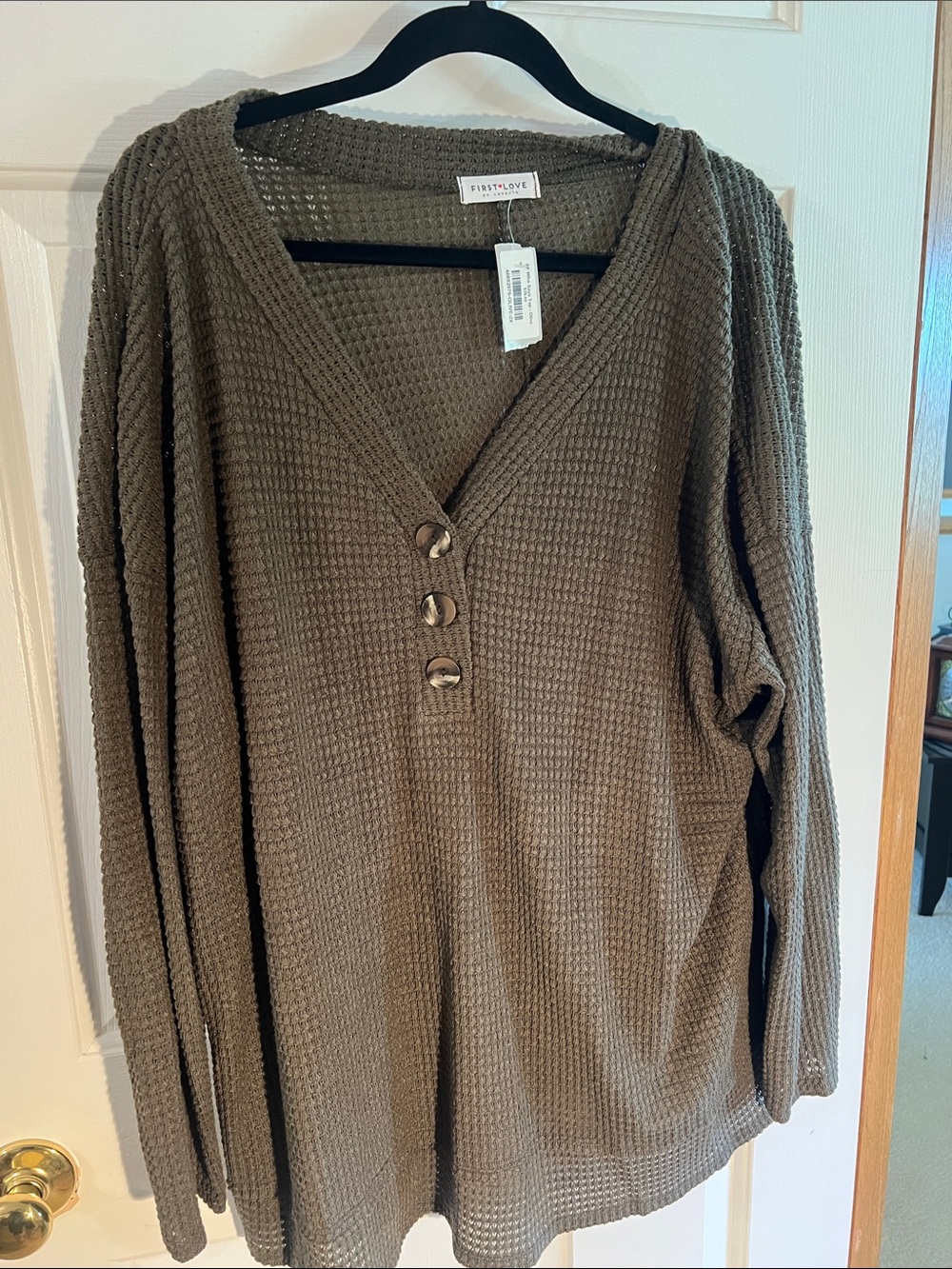 First Love Olive Waffle Knit Henley Top with Button Placket